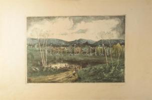Marich Géza (1913-1985): Folyóparton. Színezett rézkarc, papír, jelzett, lapszéli apró foltokkal, 29...