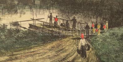 Marich Géza (1913-1985): Folyóparton. Színezett rézkarc, papír, jelzett, lapszéli apró foltokkal, 29...