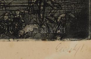 Élesdy István (1912-1987): Táj birkákkal. Rézkarc, papír, jelzett, kartonra kasírozva, kissé foltos,...