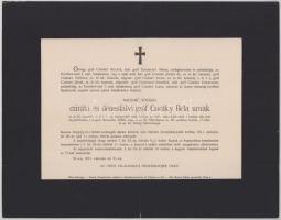1911 Bécs, cziráki és dénesfalvi gróf Cziráky Béla (1852-1911) cs. és kir. kamarás, titkos tanácsos, főudvarmester, tűzoltóparancsnok, a Főrendiház örökös tagja, az Aranygyapjas rend lovagja halotti értesítője, 23x29 cm