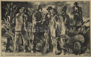 Feledy Gyula (1928-2010): Polányi Máté szervezi a földmunkásokat, 1926. Rézkarc, papír, kartonon, jelzett. Foltos. Falra akasztható. 20x29 cm