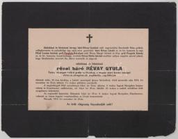 1914 Necpál, szklabinai és blatniczai révai báró Révay Gyula (1888-1914) nagybirtokos, Turóc vármegye főispánja halotti értesítője, lapszéli sérülésekkel, 22,5x29,5 cm