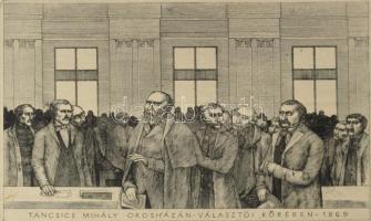 Rékassy Csaba (1937-1989): Táncsics Mihály Orosházán, választói körében, 1869. Rézmetszet, papír, jelzett, kartonon, foltos, 20x29 cm