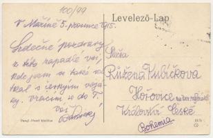 1915 Marzsina, Marschina, Margina; indóház távlatból, vasútállomás, fatelep, vonat. Pangl József kia...