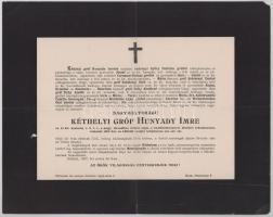 1902 Kéthely, kéthelyi gróf Hunyady Imre (1827-1902) cs. és kir. kamarás, titkos tanácsos, a Főrendiház örökös tagja halotti értesítője, kisebb sérülésekkel, 24x30 cm