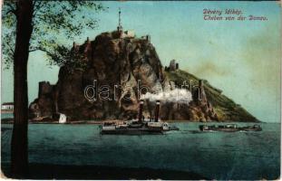 Dévény, Theben a. d. Donau, Devín (Pozsony, Bratislava); látkép, gőzhajó / view, steamship (fl)
