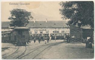 1918 Gyorok, Ghioroc; Nádasdy tér, Arad-Hegyaljai Helyiérdekű Vasút villamos megállója, vasútállomás, szálloda, vendéglőkert, olvasókör, Hunyady Péter üzlete / urban railway station, tramway, tram station, hotel, restaurant, shop, reading club (EK)