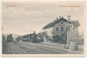 1906 Csíkszereda, Miercurea Ciuc; vasútállomás, gőzmozdony, vonat. Szvoboda József kiadása, Biró József fényképész felvétele / railway station, locomotive, train (ázott sarok / wet corner)
