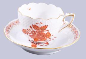 Herendi vörös Apponyi mintás mokkás csésze és alj. Kézzel festett, jelzett. minimális kopással