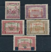 Szeged 1919 5 db klf bélyeg, közte elcsúszott felülnyomatok, lemezhibák, elfogazások (24.200) Bodor vizsgálójellel