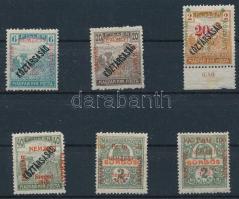 Szeged 1919 6 db bélyeg, közte elcsúszott felülnyomatok, lemezhibák, elfogazások (45.500) Bodor vizsgálójellel