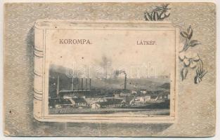 1915 Korompa, Krompach, Krompachy (Szepes); látkép, vasgyár, leporellolap 4 képpel: kohók, kötélpálya. Gerley Ádám / general view, iron factory, leporellocard with 4 images. Art Nouveau, floral frame (fl)
