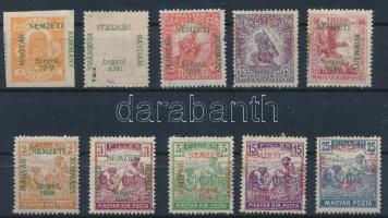 Szeged 1919 10 db bélyeg, közte elcsúszott felülnyomatok, lemezhibák, elfogazások, gépszínátnyomat (34.100) Bodor vizsgálójellel
