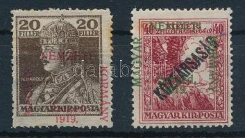 Szeged 1919 Károly 20f és Hadisegély/Köztársaság 40f elcsúszott felülnyomattal, Bodor vizsgálójellel