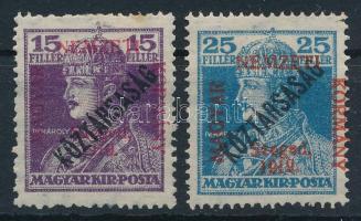Szeged 1919 Károly/Köztársaság 15f és 25f elcsúszott felülnyomattal, Bodor vizsgálójellel