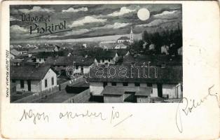 1904 Piski, Simeria; látkép este holdfényben. Főző József kiadása / general view at night in moonlight (kopott sarkak / worn corners)