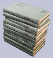 Magyar Kereskedelmi közlöny könvvsorozatának 10 kötete, közte: Sienkievicz: Quo Vadis I-II., A szeretett rabja, Krúdy Gyula: Podolini kísértet, Tábori Kornél: A nő gyűlölő, Kalandos szerelem, A szobor titka, Heltai Jenő: A titokzatos herczegnő, Dumas Sándor: Őrült a trónon, Hevesi József: A becsület. Bp., én., Magyar Kereskedelmi Közlöny. Kiadói egészvászon-kötések, kopott borítóval, néhány sérült gerinccel.