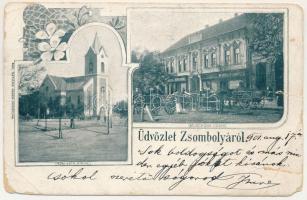 1901 Zsombolya, Hatzfeld, Jimbolia; Muschong udvar, Berger Rezső üzlete, piac, Római katolikus templom. Kohl Testvérek kiadása / Catholic church, shops, market. Art Nouveau, floral (b)