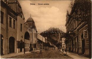 1911 Déva, Városi színház, vár, Fonciere Pesti Biztosító Társaság főügynöksége, Maetz J., Laufer Vilmos üzlete és saját kiadása / theatre, castle, insurance company, publisher's shop (EK)