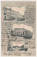 1904 Zsombolya, Hatzfeld, Jimbolia; Községi bérház, vasúti vendéglő, étterem, Fő utca, üzletek. Manzin és Ferch kiadása / apartements, restaurant, street, shops. Art Nouveau, floral (vágott / cut)