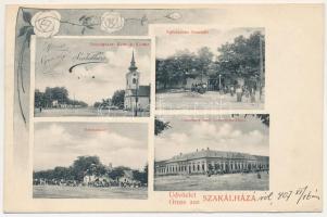1907 Szakálháza, Sacalaz (Temes, Timis); Hauptgasse, Röm. k. Kirche, Eglersches Geschäft, Bahngasse, Gasthaus und Gemeinde-Haus / fő utca, templom, utca, étterem és községháza, Egler üzlete és saját kiadása / street, church, shop, restaurant, town hall. Art Nouveau, floral (EK)