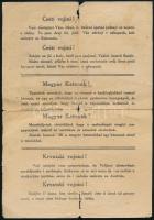 Magyar, cseh, román horvát katonáknak szóló röplap, mely azt hirdeti, hogy az olaszok jól bánnak a más nemzetiségű katonákkal, hajtott, szakadásokkal, 25×17 cm