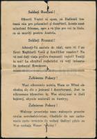 Magyar, cseh, román horvát katonáknak szóló röplap, mely azt hirdeti, hogy az olaszok jól bánnak a m...