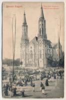 Vinga, Római katolikus templom, Piactér heti vásárkor. leporellólap 10 képpel, közte vasútállomás, vízimalom, stb. / Catholic church, market square during weekly market. leporellocard with 10 pictures, including railway station, watermill, etc.