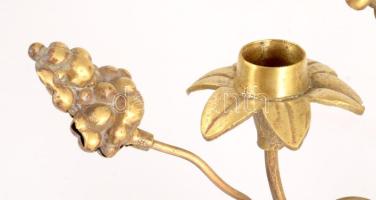 Szecessziós plasztikus növényi mintás háromágú réz gyertyatartó, m: 33 cm