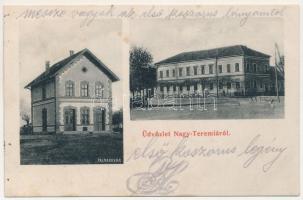 1910 Máriafölde, Nagyteremia, Teremia Mare (Torontál); pályaudvar, vasútállomás, községháza / railway station, town hall (fl)