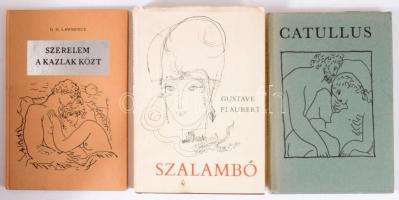 3 db könyv: Gustave Flaubert: Szalambó. Ford.: Bartócz Ilona. Szász Endre illusztrációival.; Caius Valerius Catullus összes versei. Ford.: Devecseri Gábor.; D. H. Lawrence: Szerelem a kazlak közt. Ford.: Göncz Árpád. Bp., 1965-1968, Magyar Helikon. Kiadói egészvászon-kötés / kartonált papírkötés, vegyes állapotban.