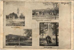 1940 Végvár, Tormac; Református templom és iskola, Hősök oszlopa, Fogyasztási szövetkezet üzlete. L. Kovács felvétele / Calvinist church and school, military heroes' monument, cooperative shop (szakadás / tear)