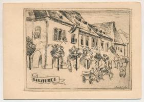 Beszterce, Bistritz, Bistrita; utcakép, rézkarc, kihajtható képeslap / street view, engraving, folding card. artist signed