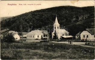 1911 Menyháza, Monyásza, Moneasa; Római katolikus templom és paplak / Catholic church and parish (ázott sarok / wet corner)
