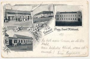 1900 Nagyszentmiklós, Sannicolau Mare; Popper Alfréd baromfi hizlaldája, Kolofon Ödön bocskorgyára, Arankavidéki Belvíz Véd- és Levezetési Társulat, Müller János üzlete / poultry fattening plant, goatskin sandal factory, Inland Water Protection and Drainage Company, shop. Art Nouveau, floral (EB)