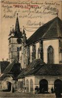 1907 Szászsebes, Mühlbach, Sebesul Sasesc, Sebes; Ev. Kirche / Evangélikus templom, piac, Josef Hientz üzlete és saját kiadása / Lutheran church, market, publisher's shop (EK)