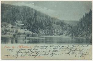 1899 Sebes-völgy, Valea Sebesului; Oasa bei Mühlbach. Transsylvanischen Alpen Nr. 2. H. Graef / erdészet, erdészlak este holdfényben / forestry houses at night in moonlight (fl)