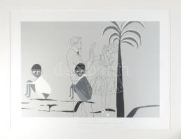 Fehér László (1953-): Tánc, 2011. Szitanyomat, papír, jelzett, számozott (45/80), lap alján Fehér László autográf ajándékozási soraival Kocsis András Sándor könyvkiadó, 1997-től 2021-ig a Kossuth Kiadó elnök vezérigazgatója részére. Üvegezett fakeretben. 56x77 cm.