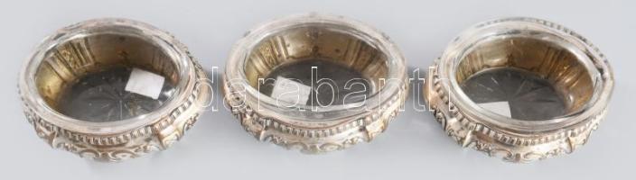3 darab antik ezüstözött fűszertartó üveg betétekkel, 7x4 cm