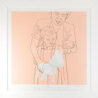 Fehér László (1953-): Játék kutya, 2004. Szitanyomat, papír, jelzett, számozott (49/70), lap alján Fehér László autográf ajándékozási soraival Kocsis András Sándor könyvkiadó, 1997-től 2021-ig a Kossuth Kiadó elnök vezérigazgatója részére. Üvegezett, bal alsó sarkában apró sérüléssel rendelkező fakeretben. 62x62 cm.