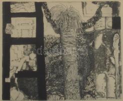 Maurer Dóra (1937-): Holtak háza (Pompeji sorozat 1.), 1963. Rézkarc, vegyes technika, papír, jelzett, számozott (50/34). Üvegezett fakeretben, 16x16 cm. Egy másik példánya reprodukálva: Artmagazin, 94. lapszám, 2007, az interneten lehívható https://www.artmagazin.hu/articles/archivum/03e5128e43afdd6bba58f0bf6a9fd461 alatt.