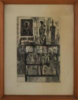 Würtz Ádám (1927-1994): Régiségbolt. Rézkarc, papír, jelzett, számozott: 50/30. Üvegezett fakeretben, 29x19 cm.