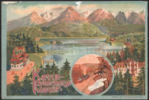 cca 1900 Magas-Tátra, Kassa?Oderbergi Vasút litho prospektusa, Klösz Gy. és Fia nyomása, felületi sérülésekkel / Košice?Bohumín Railway litho flyer, Vysoké Tatry