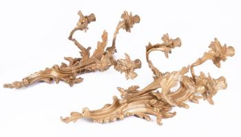 Antik masszív bronz háromágú fali gyertyatartó pár, 55x40 cm