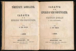 K. Papp Miklós: Caraffa és az eperjesi vértörvényszék. Történeti korrajz a XVII. századból. I-II. köt. [Egy kötetben.] Kolozsvártt, 1863., Stein János, 170+4;+134+2 p. 1. kiadás. Korabeli aranyozott gerincű félvászon-kötés, a címlapokon és az elülső előzéklapon kiadói címkével a kiadói adatoknál.