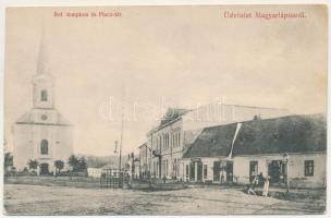 Magyarlápos, Oláhlápos, Targu Lapus; Református templom, Piac tér, Községi Vendéglő, Sötő Ferenc üzlete. Moldován József kiadása / Calvinist church, market square, restaurant, shops (ragasztónyomok / glue marks)