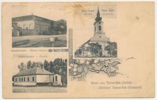 Temesszentandrás, Szentandrás, Sanandrei; Staatsschule, Kindergarten, Röm.-kath. Kirche / állami iskola, óvoda, római katolikus templom. Dajkovits J. utóda kiadása / church, kindergarten, Roman Catholic church. Art Nouveau, floral (Rb)