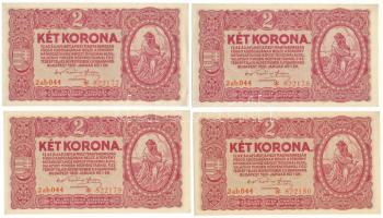 1920. 2K (4x) sorszámkövetők "2ab* 044 822177 - 2ab* 044 822180" T:AU,XF sarokhajlások Hungary 1920. 2 Korona (4x) consecutive serials "2ab* 044 822177 - 2ab* 044 822180" C:AU,XF corner folds Adamo K7/1