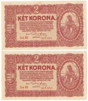 1920. 2K (2x) sorszámkövetők "2aa 015 637.684 - 2aa 015 637.685" T:XF hajtatlan, de élek mentén gyűrődések Hungary 1920. 2 Korona (2x) consecutive serials "2aa 015 637.684 - 2aa 015 637.685" C:XF unfolded but with some creases along the edges Adamo K7