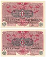 1916. 1K zöld "DEUTSCHÖSTERREICH" felülbélyegzéssel (2x) sorszámkövetők "1638 100281 - 1638 100282" T:UNC,AU Hungary 1916. 1 Krone with green "DEUTSCHÖSTERREICH" overprint (2x) consecutive serials "1638 100281 - 1638 100282" C:UNC,AU Adamo K3B